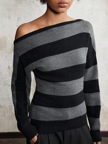 SHEIN LUNE Fashionable Contrast Stripe Asymmetric Shoulder Sweater, Autumn/Winter - Multicolor - View 5