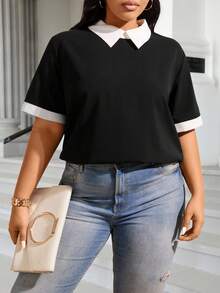 Easura Plus Size Color Block Short-Sleeve Blouse With Contrast Collar And Cuffs, Summer