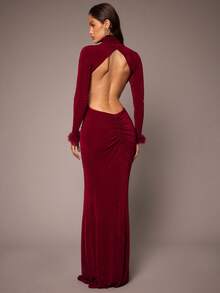 Silquee Rochie elegantă cu guler înalt și mânecă lungă, romantică toamnă/iarnă, roșu solid, vișiniu, bordeaux, pentru femei, design sexy fără spate, decor metalic, talie încrețită, culori bordeaux și roșu cărămiziu, rochie cu mânecă lungă tricotată cu elastic - Burgundia - Vizualizare 2