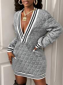 BamGleam Deep V-Neck Textured Padded Knit Striped Long Sleeve Fashionable Winter Mini Dress - Light Grey - View 3