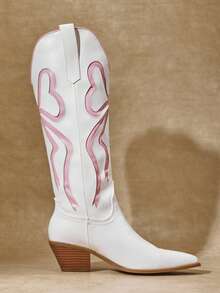 SHUZIA New Versatile Women's Pink White Bow Faux Leather Pu Pointed Western Style Chic Cowboy Boots Chunky Heel Slip-On Rodeo Dance Holiday Fall Winter Shoe - White - View 2