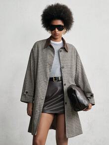 Lumivelle 女款千鸟格单排扣长款大衣