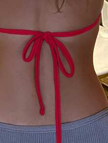 Swim Basics 2025 Women's Solid Color Halter Tie Sexy Bikini Top, Summer Beach - Red - View 3