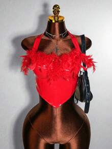 Mistrie Áo crop top lông vũ gợi cảm cho nữ - Đỏ - Xem 1