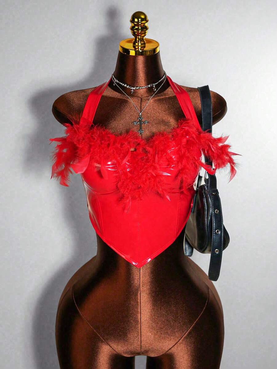 Mistrie Áo crop top lông vũ gợi cảm cho nữ - Đỏ - Xem 1