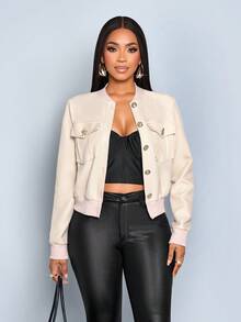 SOLERSUN Áo khoác bomber oversize dáng rộng màu mơ thời trang dạo phố thập niên 90, cổ bẻ cài nút phía trước, cổ áo bóng chày, dáng rộng, thời trang lễ hội âm nhạc - Màu be - Xem 7