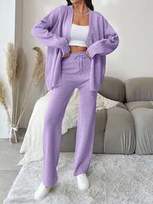 EURMUSE Women's Casual Loose Front Button Cardigan And Pants 2 Pieces Set, Autumn/Winter - Lilac Purple - View 4