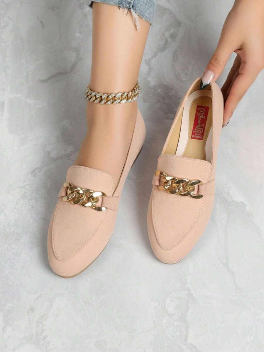 Zapatos para Mujer con Cadena Metálica Punta Cerrada Estilo Fashion Casual Oficina Ballet Flats - Beis - Ver 1
