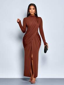 SOLERSUN 女式优雅立领长袖高开叉大腿长裙