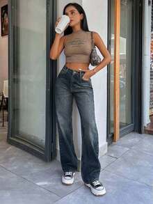 SHEIN Tall 100% Cotton HIGH RISE STRAIGHT CUT Y2K STYLE JEAN, Tall Women - Light Wash - View 3