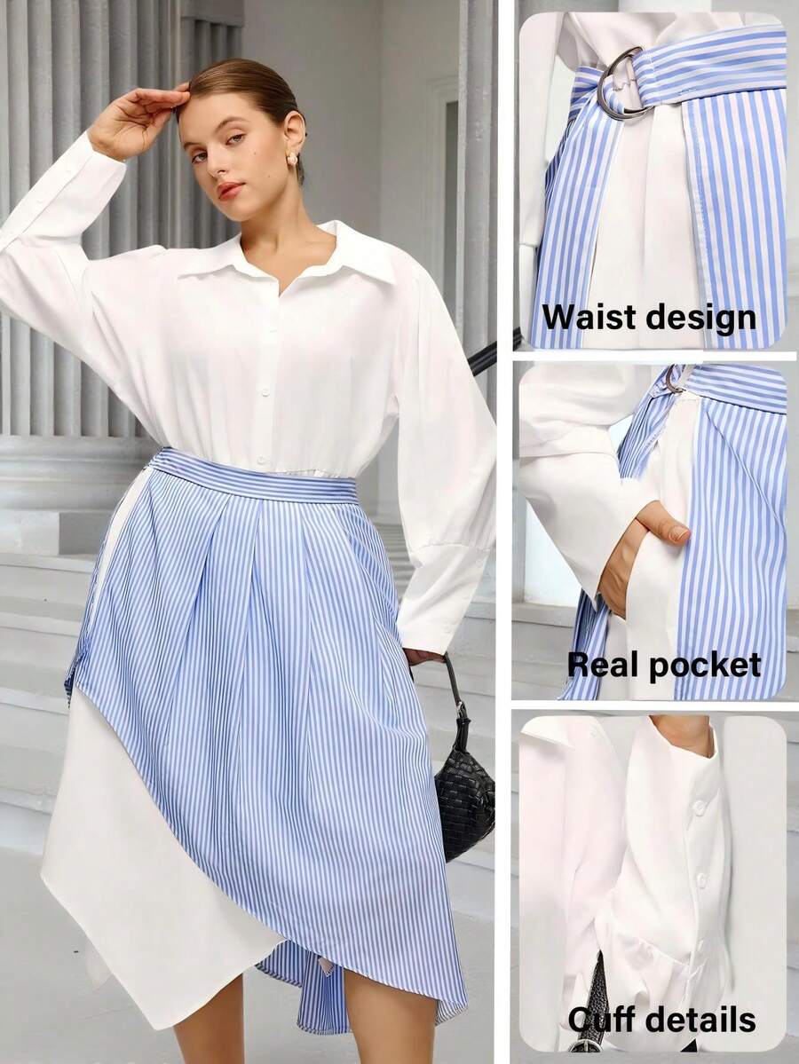 Calvaya Plus Size Women's New 2 In 1 Pleated Shirt Dress, Elegant For Commuting And Outings Fall Cloth For Women - Multicolor - View 1