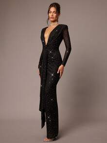 Silquee 女式优雅亮片透视褶饰长袖深V领超长派对连衣裙，秋冬 - 黑色 - 查看 3