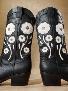 SHUZIA New Women's Floral Embroidery Vegan Leather Pointed Toe Western Style Chic Cowboy Boots Chunky Heel Slip-On Rodeo Dance Holiday Fall Winter Shoe - Black - View 7