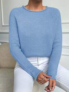 EURMUSE Solid Color Raglan Long Sleeve Sweater - Blue - View 1