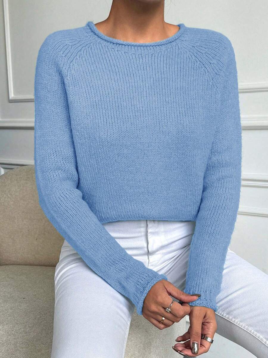 EURMUSE Solid Color Raglan Long Sleeve Sweater - Blue - View 1