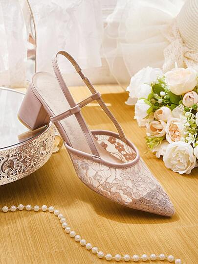 CUCCOO HITCHD 橙色网纱花卉刺绣蕾丝尖头方跟粗跟优雅甜美浪漫时尚女式高跟鞋，适合连衣裙、婚礼、派对、假日等场合。