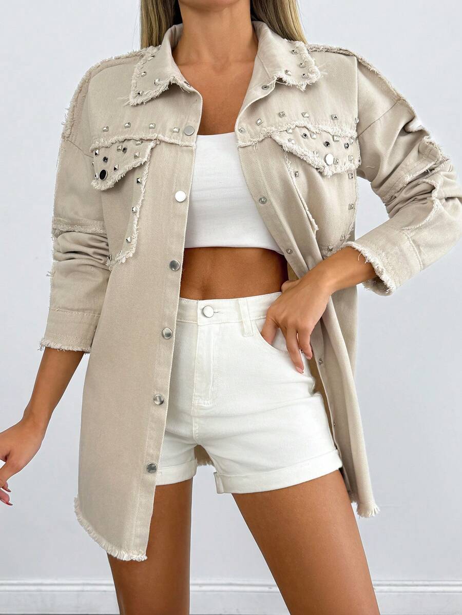 Cottnline 100 % bomull, nitdetalj, ficklock och råa detaljer i denim - Beige - Visa 1