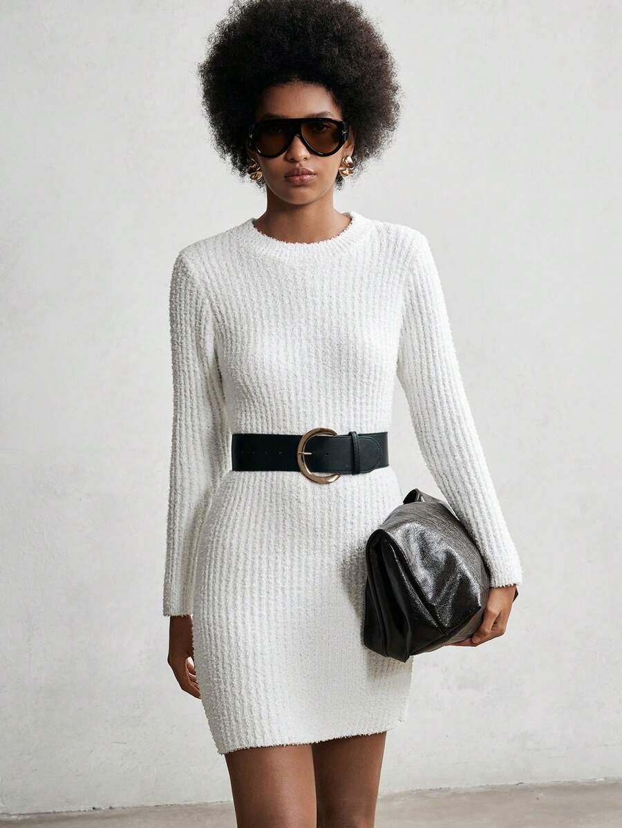 Lumivelle Women's Round Neck A-Line Hem Single-Sided Soft Fleece Casual Sweater Dress - White - View 1