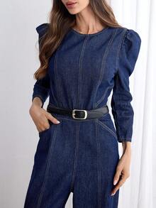 Selianne 女士时尚通勤泡泡袖牛仔连体裤 - 藍色 - 查看 7
