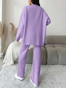 EURMUSE Women's Casual Loose Front Button Cardigan And Pants 2 Pieces Set, Autumn/Winter - Lilac Purple - View 2