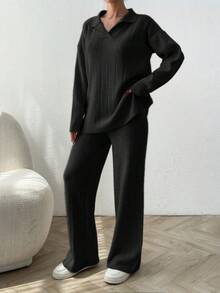 EURMUSE 2pcs/Set Solid Color Ribbed Polo Neck Loose Knit Sweater - Black - View 3