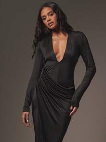 Hauture Damen sexy elegantes Maxikleid mit tiefem V-Ausschnitt, Wickeloptik und gerafften Ärmeln - Schwarz - Übersicht 3