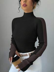 EMERY ROSE Women's Casual Everyday Commute Minimalist Two-Tone Turtleneck Thumb Hole Raglan Sleeve Slim Fit Sweater, Autumn/Winter