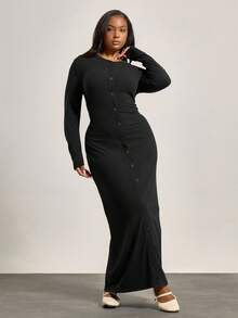 MUSERA 大码修身长袖纽扣柔软长款连衣裙，酷女孩、舒适、日常、派对、优雅毕业长裙 - 黑色 - 查看 4