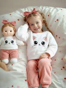 SHEIN 2 pezzi/set Pigiama morbido in pile con ricamo di gatto e cuore, manica lunga girocollo, top a contrasto caldo e pantaloni con coulisse, abbigliamento da notte autunno/inverno - Rosa Baby - Visualizzare 9