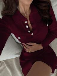 Flirla Kadınlar İçin Yapay Elmas Düğmeli ve Yakalı Günlük Sonbahar/Kış Örgü Elbise