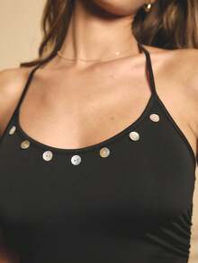 Aralina Christmas Party Vacation Holiday Dress Women's 2pcs Low Scooped Halter Ruched Side Top With Buttons Slim Fit And Ruched Side Flowy Midi Skirt Flared Hem Elegant Vacation Outfits Women Party Midi Dress Elegant Outfit For Christmas And New Years Top And Skirt Set - Black - View 3