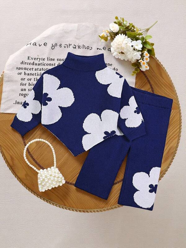SHEIN 2 piezas Conjunto de suéter de cuello alto de punto con estampado floral amarillo y pantalones anchos de punto para bebés niñas, suave y cómodo, adecuado para uso diario, salidas, viajes, vacaciones, hogar, guardería y juego de niñas bebés
