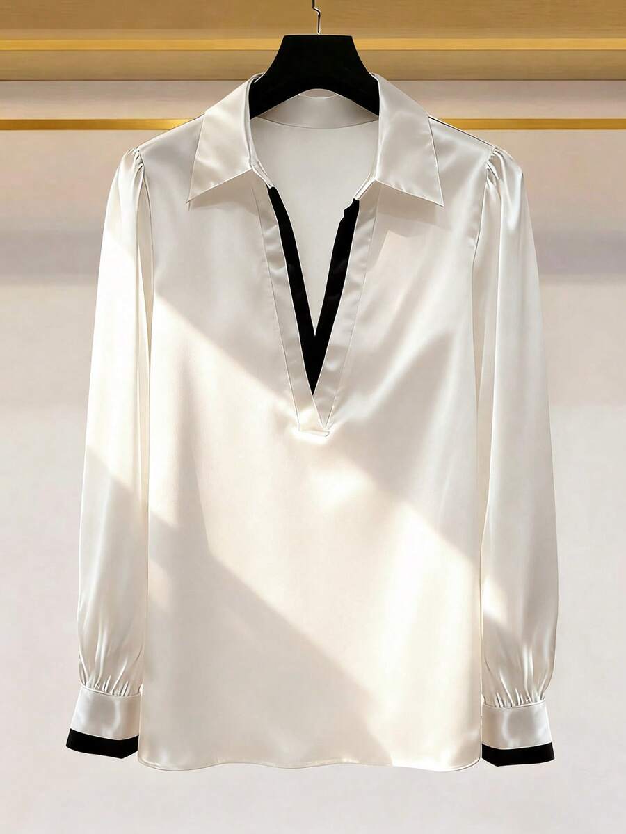 Modelyn Elegant Contrast Color Draping Collar Long Sleeve Shirt