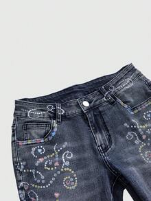 ROMWE J-Fashion Quần jean cạp trễ in họa tiết cổ điển Y2K dành cho nữ - Màu xanh lam - Xem 3