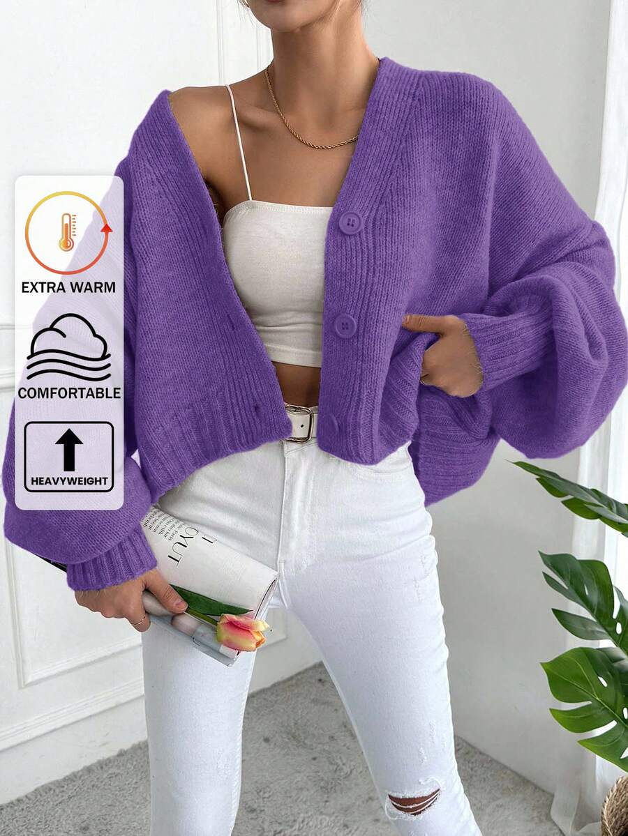 EURMUSE Women's Solid Color Drop Shoulder Long Sleeve Single Breasted Casual Loose Cardigan - Purple - View 1