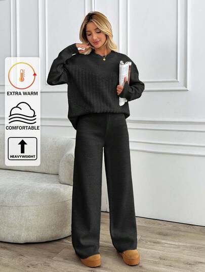 EURMUSE Casual White Cable Knit Sweater & Wide Leg Pants 2 Pieces Set,Co Ords Sets Women,Co Ord,Winter Clothes Women,Winter Clothes,Autumn Outfits Women