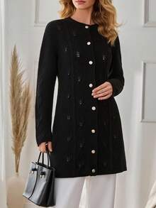 SHEIN Tall Tall Size Women Solid Color Gold Button Detailed Long Sleeve Long Length Casual Cardigan,Petite Cardigans,Cardigans - Black - View 3