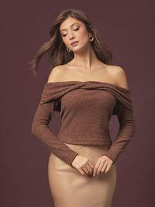 L'Amorae Women Brushed Rib Knit Off Shoulder Twisted Top, Fall Holiday Christmas Cozy Casual Nigh Out - Brown - View 4