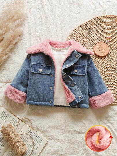 Vintaside Kids Baby Girls' Denim Jacket, Thermal Lined, Thickened For Autumn/Winter Transition, Fashion Casual Outdoor Wear, Countryside Style, Versatile All-Match Jacket