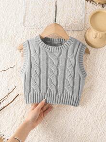 SHEIN Young Girl Ribbed Knit Sweater Vest With Cable Texture, Elegant & Cute, High Quality, Warm & Soft, Versatile For Play, Daily Wear, School, Autumn & Winter,Pairing White Shirt,Back To School Season.College Style, - Light Grey - View 8