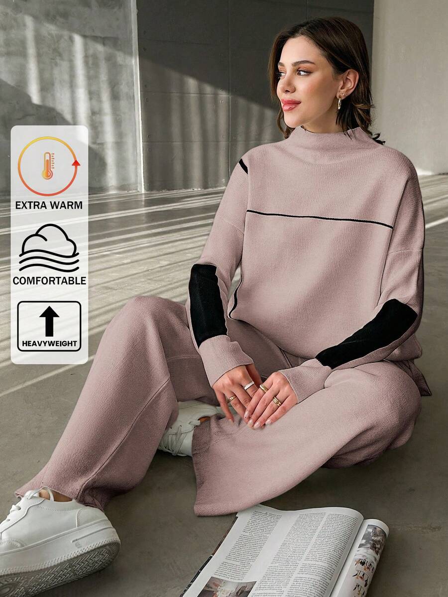 EURMUSE 2pcs/Set Women Solid Color Patchwork Long Sleeve Minimalist Top And Pants Set - Pink - View 1