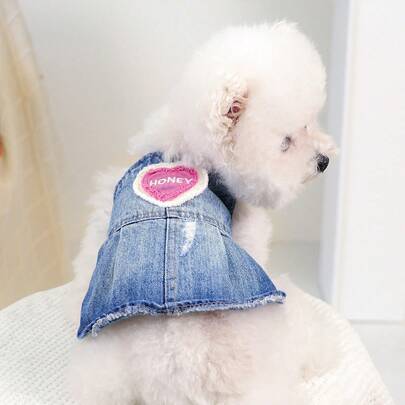 PETSIN 1 bộ váy cho thú cưng, quần áo đa năng cho mèo và chó, váy yếm thêu hình trái tim dễ thương, váy màu xanh cổ điển.