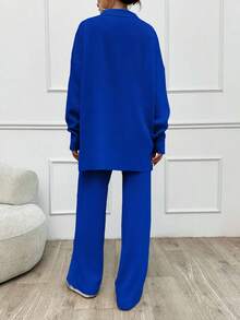 SHEIN Tall 2pcs/Set Solid Color Turn-Down Collar Sweater And Long Pants Outfit,Petite,Winter Clothes - Royal Blue - View 3