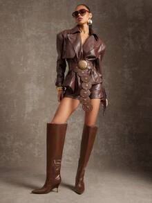 SHUZIA Damen klassische minimalistische sexy Spitze Metall Stilettoabsatz Overknee Stiefel - Schokoladenbraun - Übersicht 4