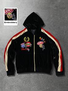 ROMWE MEN Street Life 男士拼色天鹅绒连帽卫衣，长袖街头卫衣 - 黑色 - 查看 5