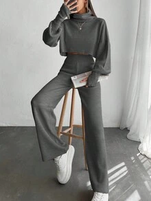 EURMUSE 2pcs Set: Turtleneck Puff Sleeve Solid Color Sweater Top And Pants, Knitted - Dark Grey - View 7