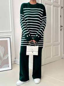 EURMUSE Women Stripe Pattern Round Neck Drop Shoulder Pullover & Sweater Pants Set,Petite Co Ord,Co Ord,Petite,Winter Clothes - Green - View 6