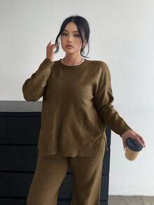 POPSWAY Conjunto de pantalones anchos y de manga larga de punto versátil, suave y favorecedor para uso casual - Marrón - Ver 5