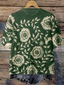 Linhara كنزة صوفية كاجوال قصيرة الأكمام مطبوعة بطبعات عشوائية للنساء ذوات الحجم الكبير، بياقة مستديرة وتريكو ملون، مناسبة للخريف والشتاء