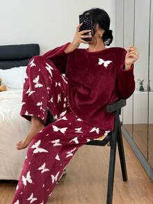 Plus Size Butterfly Flannel Long Sleeve Top & Long Pants Fluffy Pajama Set, Cozy Winter Clothes - Red - View 1